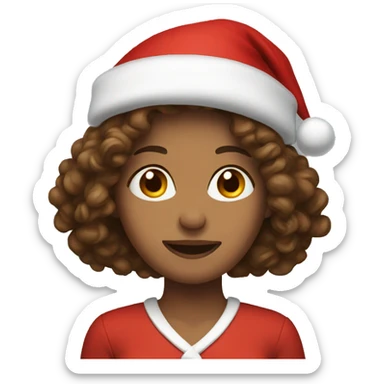 Woman with long brown curly hair wearing Santa hat sticker