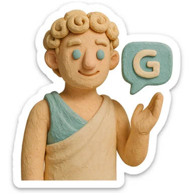 claymation style Greek chatbot with curly hair and toga in pastel colors sticker