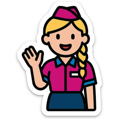 cartoon vector emoji of a Wizz Air flight attendant, blonde hair in side braid, vivid pink shirt with blue accents, navy skirt, name tag, upright and waving, stylized friendly flat design, matching colors of uniform, hair, and skin from reference photo, transparent background sticker