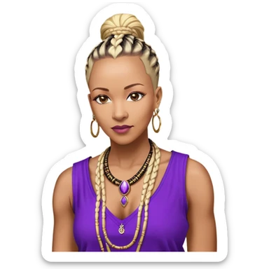 African american 57yr old , brown chocolateskinned  woman who is 5ft 6in with a blonde and black mohawk of individual braids, with low shaved side haircut,
wearing a purple,  dashiki, with an gold  necklace of Draya inscribed,  wearing big gold bamboo earrings in ears with the name engraved of Draya sticker