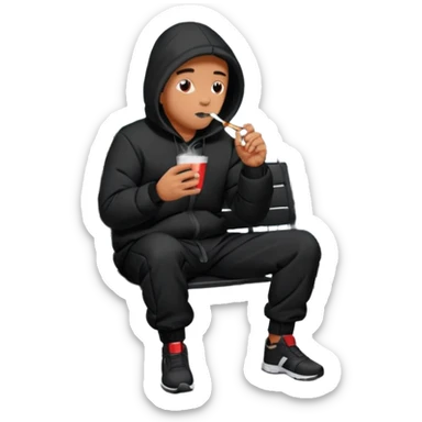 A man sitting on a chair, wearing a black puffed coat with hood and jogging pants, he is smoking a cigaret and drinks a coffee, he is freezing outsider, he is on a chair, the chair is an outside coffe terrasse black metal chair sticker