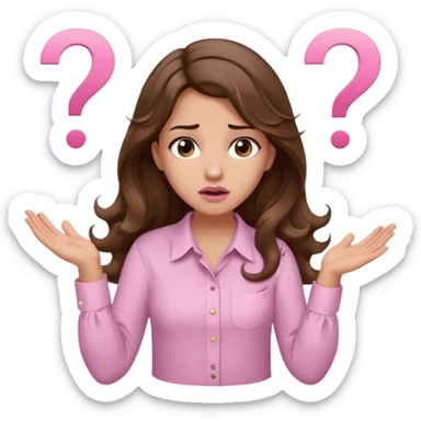 girl with wavy long brown hair, brown eyes, light to medium complexion, long lashes, light pink lipstick, wearing light pink shirt, shrugging with both hands, confused, question mark sticker