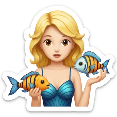 A siren holding a Monarch butterfly and playing with a puffer fish sticker