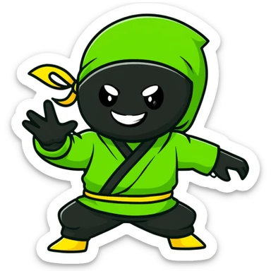 A confident ninja in yellow, green and black merged colors, smiling and saying "HI" sticker