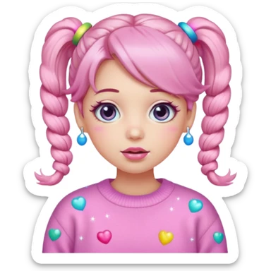 “Emoji girl, pastel pink blush, sparkly wide eyes, glossy bubblegum lips, hair in pigtails with colorful clips, oversized pastel sweater.” sticker
