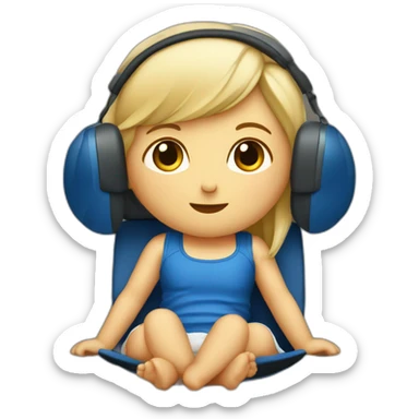 Petite fille blonde foncé avec un casque bleu assise sur un lit sticker