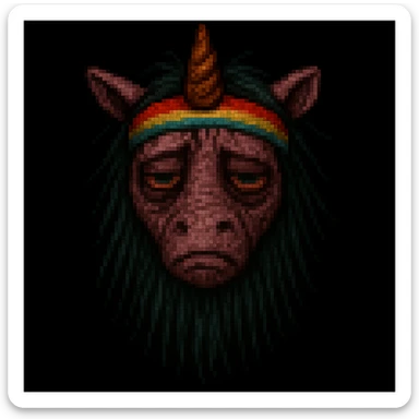 Remove the bathrobe and coffee cup from the unicorn. Add a cheerful, bright headband. Keep the pixel art style, unicorn remains disgusting and rumpled with bags under his eyes and a drooping horn. Render in pixel art style. sticker