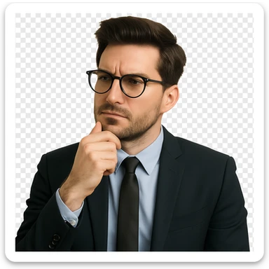 Remove the background from the image, keeping the intelligent man with a thoughtful, professional look, wearing glasses, with a modern hairstyle, showing upper body only, on a transparent background. Maintain a clean and clear appearance suitable for professional use. sticker