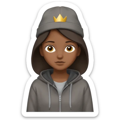 Hobo tomboy with shoulder-length center-parted dark brown hair. brown eyes, dark dull brown hoodie, grey shirt. Flat crown bolero hat sticker