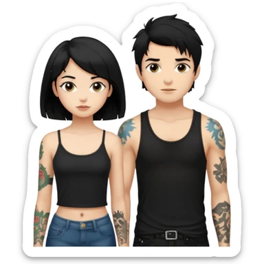 generate a fair boy with messy black hair, tattoos. standing beside a fair black haired girl wearing a black cami top. sticker