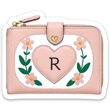 Pale Pink cute Wallet with heart charm, credit cards inside and flowers growing embroidered on it, clean aesthetic, letter R charm on it sticker