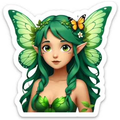 Cinematic Realistic Forest Fairy Portrait, head tilted playfully and inquisitively, showcasing a nature-inspired form with intricately detailed, sunlit tanned skin and cascading dark green hair interlaced with leaves and blossoms showing her large butterfly wings from her back. Her bright, curious eyes sparkle with forest mischief, rendered with lifelike clarity and warm, dappled lighting that captures the spirit of an enchanting woodland fairy ready to dance among the trees. sticker