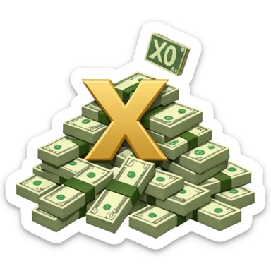 cash pile, make bills rectangular, next to a "10x" factor, looking like 10x CASH PILE, the number 10 and letter x, precede the cash pile sticker