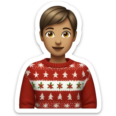 Girl with short brown pixie cut with brown eyes and a Christmas jumper on sticker