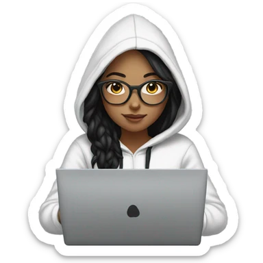 a white tenage girl with black hair and glasses wearing a hoodie working on a laptop sticker