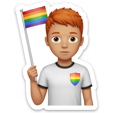 A gay, ginger, young, freckled, boy with a shirt with the name JUDE on it in red marker, holding a pride flag sticker