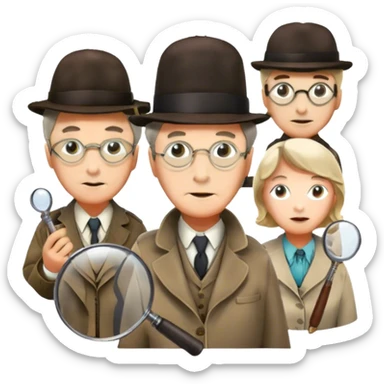 Icon for Detective Movies: A colorful collage with Sherlock Holmes, Miss Marple, and Pinkerton. Include magnifying glasses, clues, detective tools, a criminal and a policeman in the background. The design should evoke mystery and intrigue, with a classic detective movie feel. Transparent background. sticker