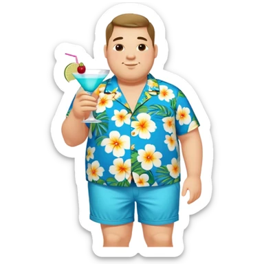 chubby guy full figure in a flowered azure havai shirt and shorts holding a cocktail sticker