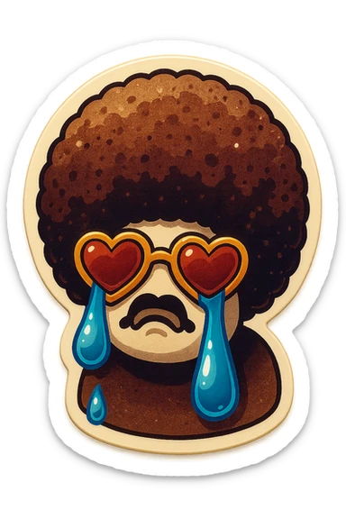 White circle face, afro, heart glasses, Crying with large tears sticker