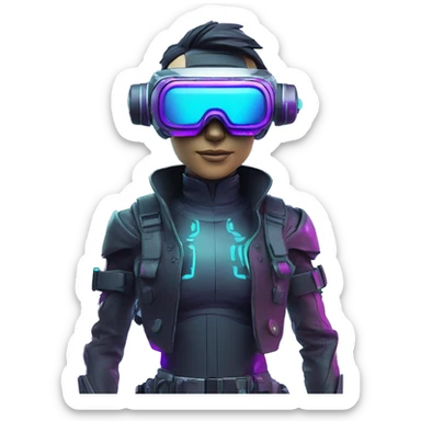 Secret human agent in a futuristic hat with in Apple VR goggles headset code display on the goggles , cyberpunk, cyan and purple colors, only upper body portrait, front facing the camera  sticker