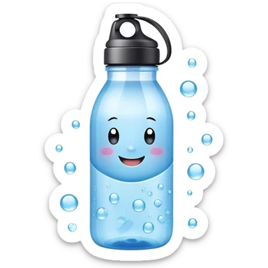 Cute Kawaii Water Bottle, round and bubbly, soft blue with tiny water droplets around, a happy smiling face, gentle glowing highlights, fresh and refreshing vibes! sticker