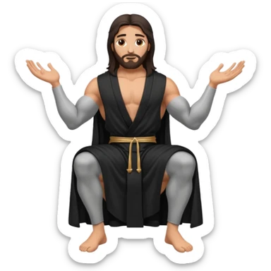 fullbody jesus christ jacked, sleeveless black robe sitting hands down sticker