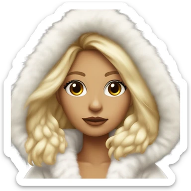 Tanned Girl with lashes , blonde hair, in an extremely big fluffy oversized white fur coat with hood on. The fur is real and it’s very obvious big and fluffy, aestheticism sticker