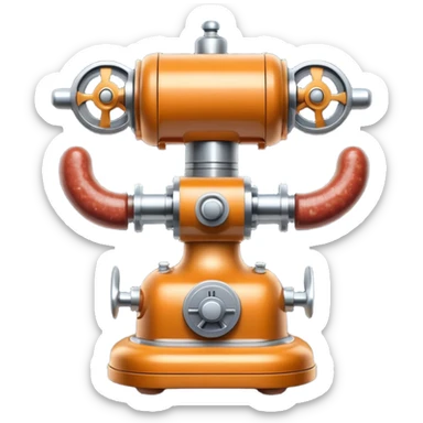 sausage-processing droid. retro-futuristic style. top is a circular industrial meat grinder with rotating gears and blades. Two robotic arms feed material into grinder. Sausage links extrude from the rear like  factory. The body is metallic, compact, and floats above the ground.no legs. Dark humor sticker