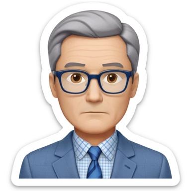 Middle-aged man around 50 with oversized square jawline that's broader than his forehead. Large dark square-framed glasses, short straight hair with subtle graying and side part. Serious expression. Light gray blazer, white button-up shirt with blue checkered pattern. sticker