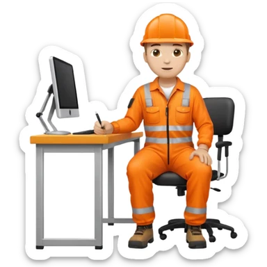 full body of a man in orange reflective safety overalls sitting at a desk, emoji style sticker