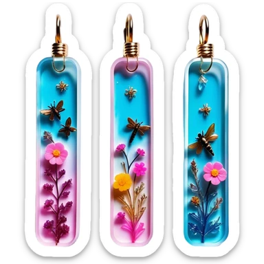 Epoxy resin art icon, jewelry and decorative items made with fluorescent epoxy resin, visible tubes of resin with bright colors, mixing tools, and molds, glowing effect on the resin, finished resin jewelry with dried flowers and insects embedded inside, minimalistic style, clean lines, transparent background. sticker