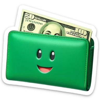 Rich emoji style green leather wallet with dollar bills, luxury money vibe, premium 3D emoji, ultra clean, high detail, no background sticker