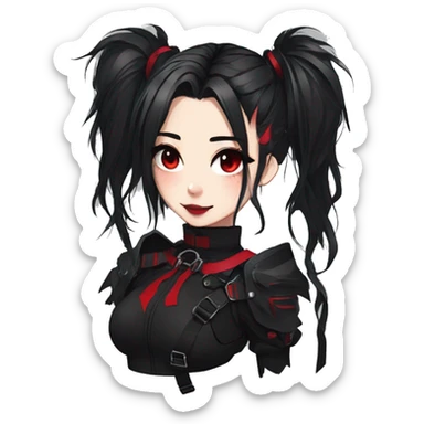 Gorgeous gothic dark techwear anime style lady with blushing face aesthetic and pretty edgy black red punk messy ponytail hair with collar and harness trending style sticker