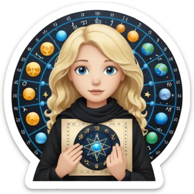 A long wavy haired blonde girl with blue eyes, wearing black, with a scarf on, holding astrology natal chart paper   sticker