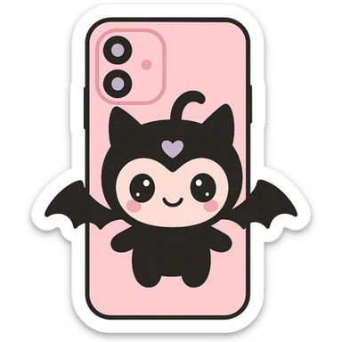 Remove any purse or purse-matching elements. Focus only on a pink and black gothic phone case in kawaii style with big eyes, bat wings, smiling, cartoonish, playful. No purse references. No background. sticker