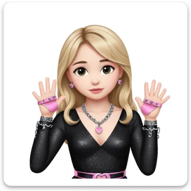 Sabrina carpenter at concert wearing a black sparkly dress with a silver sparkle v neck she is holding up pink handcuffs towards audience and kneeling, blue and red lights setting  sticker