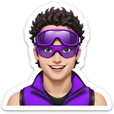 close-up of cool guy male athlete with white skin and moderately curly dark brown hair on top with shaved sides, wearing ski goggles with purple frames and very dark black lenses, winking behind the goggles, with an open mouth confident smile like a cool guy, a simple plain black chain necklace, and a completely unzipped sleeveless vest with purple and black sequin fire pattern design with no logo sticker