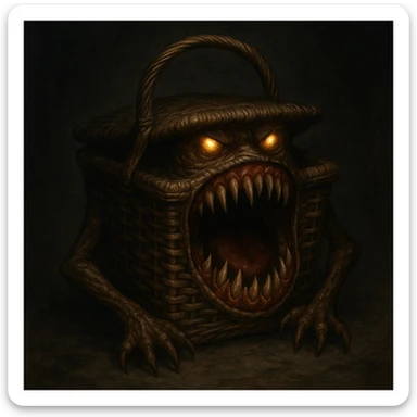 a realistic picnic basket mimic with the lid transformed into a gaping mouth full of jagged teeth, glowing eyes on the handle, and claws gripping the sides, fantasy horror style sticker