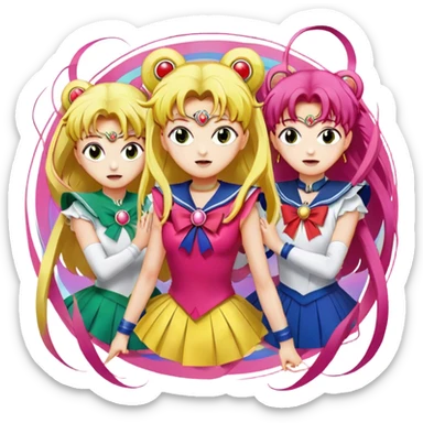 Icon for Anime: vibrant, dynamic scene with heros from Bishoujo Senshi Sailor Moon in action, featuring exaggerated expressions and colorful backgrounds. The design should reflect the distinct, energetic style of anime, with iconic eyes and unique visual elements. Transparent background. sticker