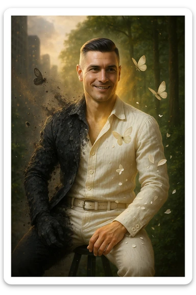 Trasformazione cinematografica: uomo d'affari in giacca sintetica nera che si sfalda come cenere, mentre da dentro emerge una nuova versione di sé vestita di lino color avorio, farfalle che nascono dalle fibre di cotone biologico, petali di fiori che si trasformano in bottoni di madreperla, capelli che diventano più folti e luminosi al contatto con tessuti naturali, pelle che letteralmente respira vapore dorato, city background che si trasforma in foresta rigogliosa, slow motion epico con particelle di luce danzanti sticker