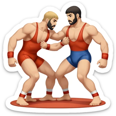 An icon symbolizing Greco-Roman wrestling, showing two wrestlers locked in a powerful grip, focusing on upper-body techniques. The background features a wrestling mat, with the athletes wearing traditional singlets. Transparent background highlights the strength and skill of the sport. sticker