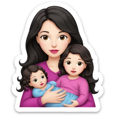 Beautiful Mother long black wavy  hair pink lipstick  holding 1 one infant brown hair fair skin sticker