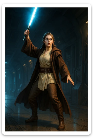 full body female Jedi holding a lightsaber high above her head in a heroic stance, glowing lightsaber, futuristic setting sticker