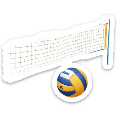 A close-up volleyball net with a ball hovering above it, set against the backdrop of a sandy volleyball court. The scene highlights the tension of an impending play, with the court lines clearly visible and a bright, sunny atmosphere surrounding the action. sticker