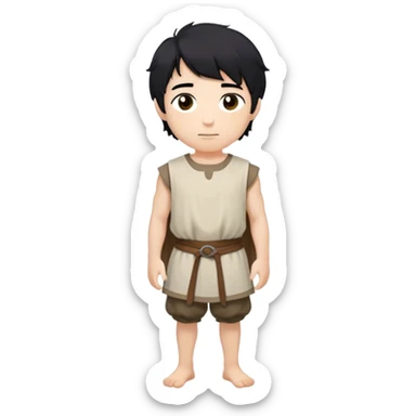 medieval summer outfit worn by a DnD themed fantasy male character. basic sleeveless cotton tunic with a simple, rounded neckline and a loose fit. clothes only above the waist. The clothes full waist. The character's haven't arms. character is white-skinned, black hair, brown eyes, short messy hair. sticker