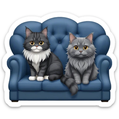 Portrait of a black smoke Maine Coon cat with long grey ear tufts, alongside a British Shorthair cat with a solid blue coat on sofa. Both cats with detailed fur textures and playful expressions. Soft, elegant background of room with flowers and natural tones. Transparent background. sticker