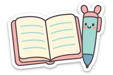 open notebook with a cute pen with ears on the side, pastel toon style, soft pastel colors, friendly look sticker