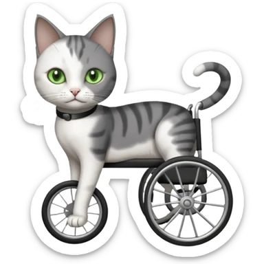 full body small short hair dark grey and white cat with green eyes walking in a wheelchair for cats sticker