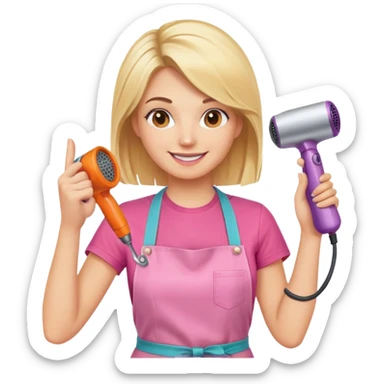 smiling blonde woman hairstylist wearing pink t-shirt and orange apron, hands raised, holding scissors and hairdryer clearly visible sticker
