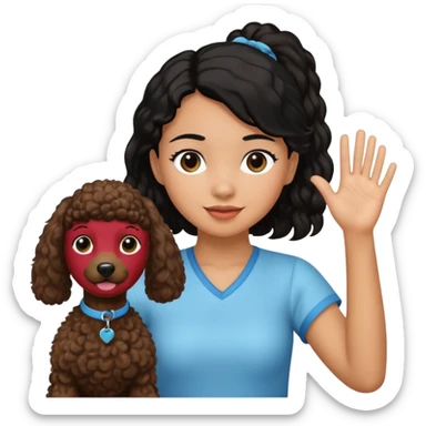 Ponytail black hair girl with brown Poodle say goodbye  sticker